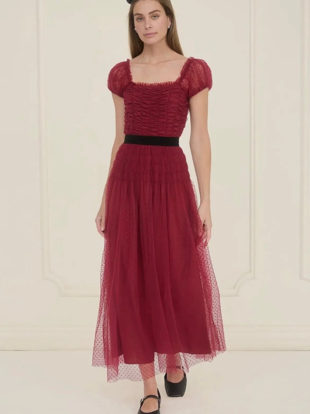 Moon River Women's Burgundy Puff-Sleeve Polka-Dot Tulle Midi Dress